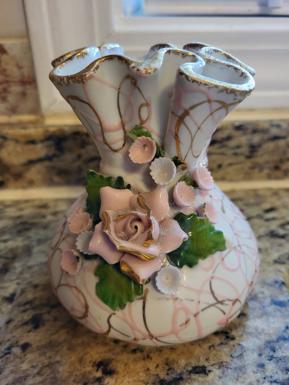 Lefton Porcelain Heavily Crimped  Pink Floral Accent Vase with Gold Trim - Picture 3 of 16
